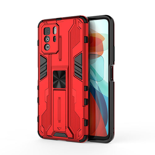 Silicone Matte Finish and Plastic Back Cover Case with Magnetic Stand KC1 for Xiaomi Poco X3 GT 5G Red