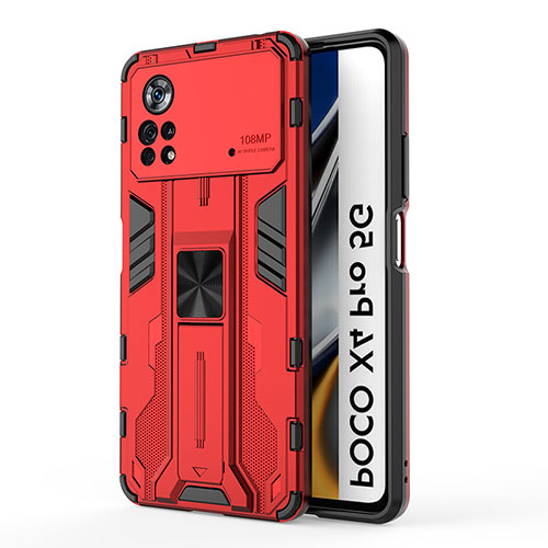 Silicone Matte Finish and Plastic Back Cover Case with Magnetic Stand KC1 for Xiaomi Poco X4 Pro 5G Red