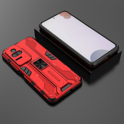 Silicone Matte Finish and Plastic Back Cover Case with Magnetic Stand KC1 for Xiaomi Redmi K50 5G Red