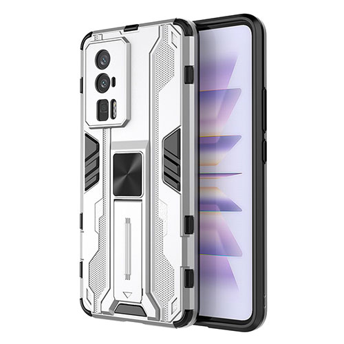 Silicone Matte Finish and Plastic Back Cover Case with Magnetic Stand KC1 for Xiaomi Redmi K60 Pro 5G Silver