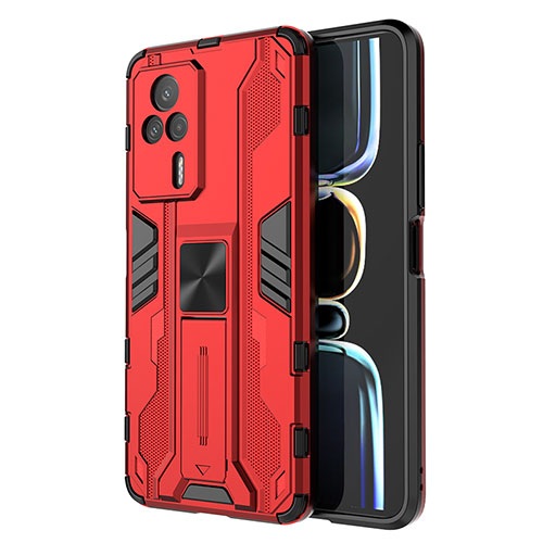 Silicone Matte Finish and Plastic Back Cover Case with Magnetic Stand KC1 for Xiaomi Redmi K60E 5G Red