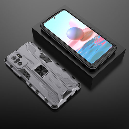 Silicone Matte Finish and Plastic Back Cover Case with Magnetic Stand KC1 for Xiaomi Redmi Note 10 4G Gray