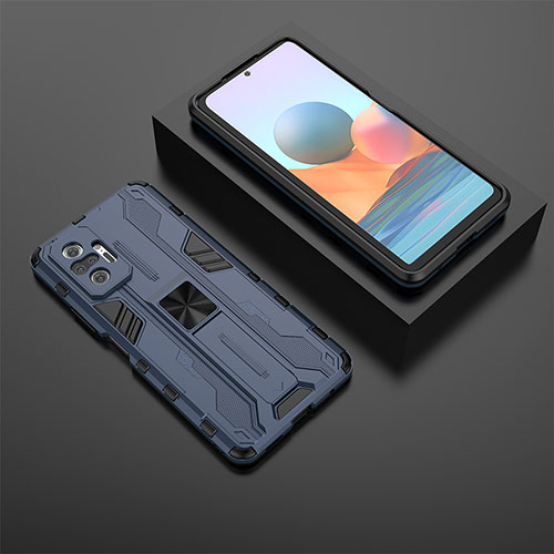 Silicone Matte Finish and Plastic Back Cover Case with Magnetic Stand KC1 for Xiaomi Redmi Note 10 Pro Max Blue