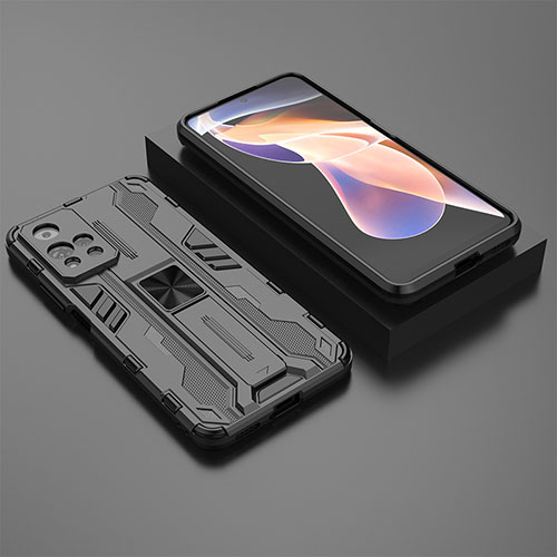 Silicone Matte Finish and Plastic Back Cover Case with Magnetic Stand KC1 for Xiaomi Redmi Note 11 Pro+ Plus 5G Black