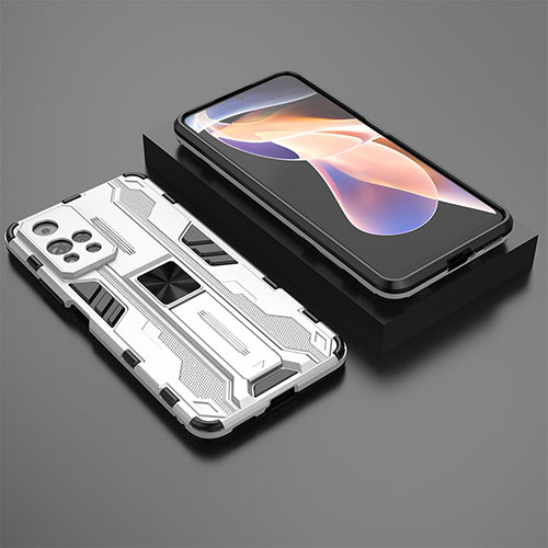 Silicone Matte Finish and Plastic Back Cover Case with Magnetic Stand KC1 for Xiaomi Redmi Note 11 Pro+ Plus 5G Silver