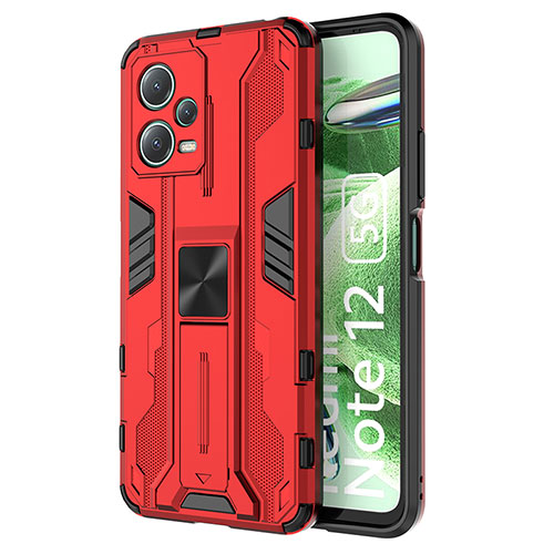 Silicone Matte Finish and Plastic Back Cover Case with Magnetic Stand KC1 for Xiaomi Redmi Note 12 5G Red