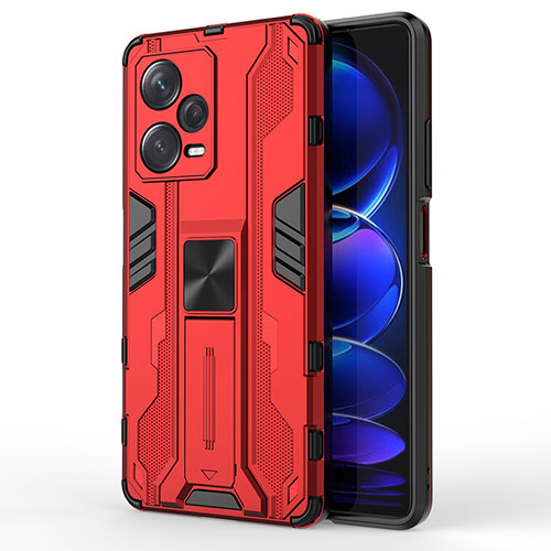 Silicone Matte Finish and Plastic Back Cover Case with Magnetic Stand KC1 for Xiaomi Redmi Note 12 Explorer Red
