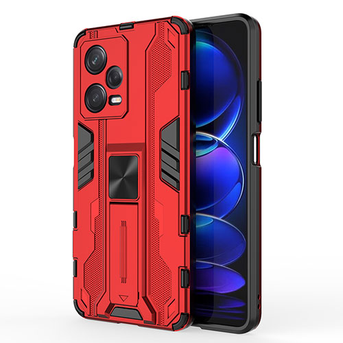 Silicone Matte Finish and Plastic Back Cover Case with Magnetic Stand KC1 for Xiaomi Redmi Note 12 Pro 5G Red