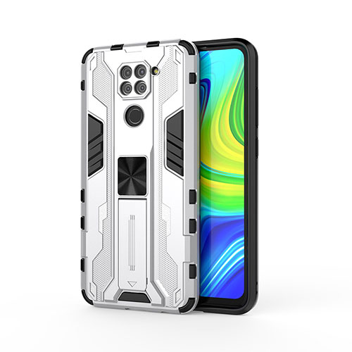 Silicone Matte Finish and Plastic Back Cover Case with Magnetic Stand KC1 for Xiaomi Redmi Note 9 Silver