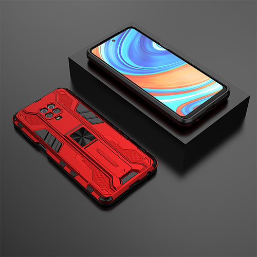 Silicone Matte Finish and Plastic Back Cover Case with Magnetic Stand KC1 for Xiaomi Redmi Note 9S Red