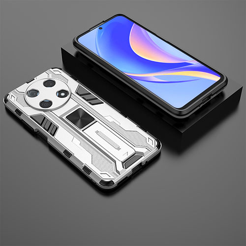 Silicone Matte Finish and Plastic Back Cover Case with Magnetic Stand KC2 for Huawei Enjoy 50 Pro White