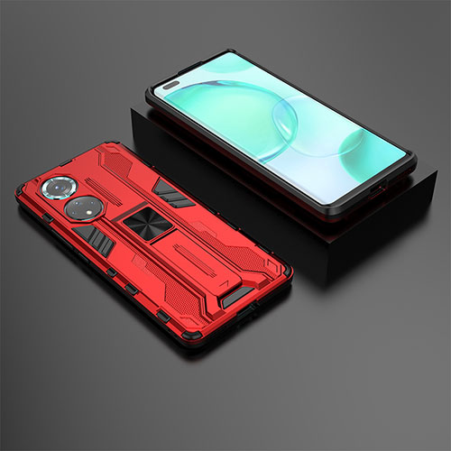 Silicone Matte Finish and Plastic Back Cover Case with Magnetic Stand KC2 for Huawei Honor 50 Pro 5G Red