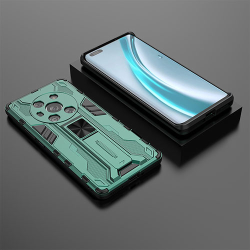 Silicone Matte Finish and Plastic Back Cover Case with Magnetic Stand KC2 for Huawei Honor Magic3 5G Green