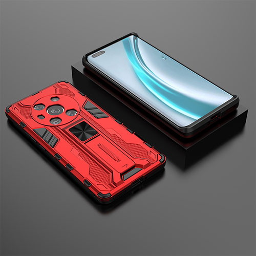 Silicone Matte Finish and Plastic Back Cover Case with Magnetic Stand KC2 for Huawei Honor Magic3 5G Red