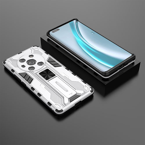 Silicone Matte Finish and Plastic Back Cover Case with Magnetic Stand KC2 for Huawei Honor Magic3 5G White