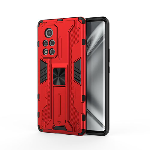 Silicone Matte Finish and Plastic Back Cover Case with Magnetic Stand KC2 for Huawei Honor V40 5G Red