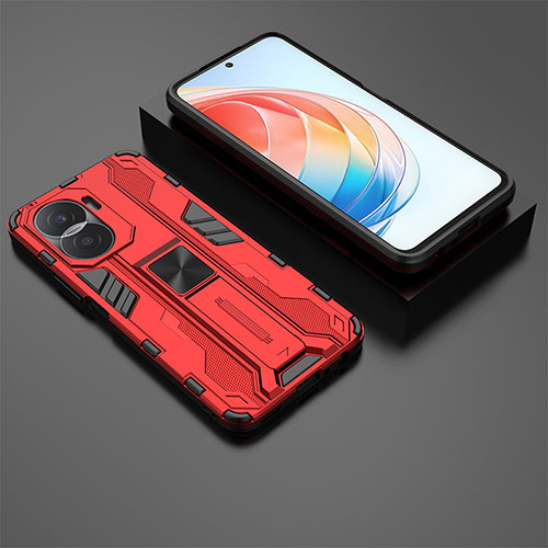 Silicone Matte Finish and Plastic Back Cover Case with Magnetic Stand KC2 for Huawei Honor X40i 5G Red