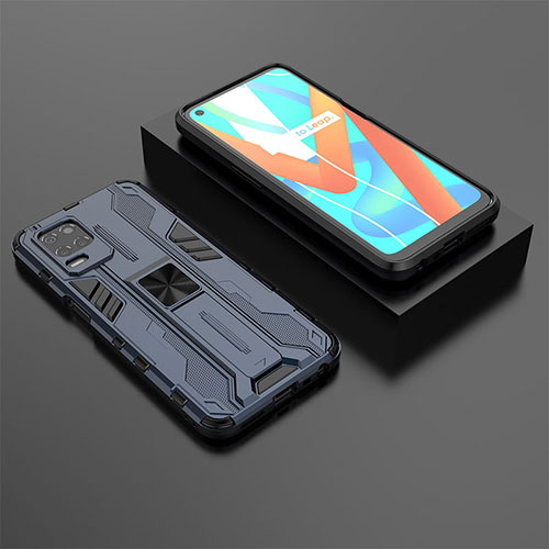 Silicone Matte Finish and Plastic Back Cover Case with Magnetic Stand KC2 for Realme 8s 5G Blue