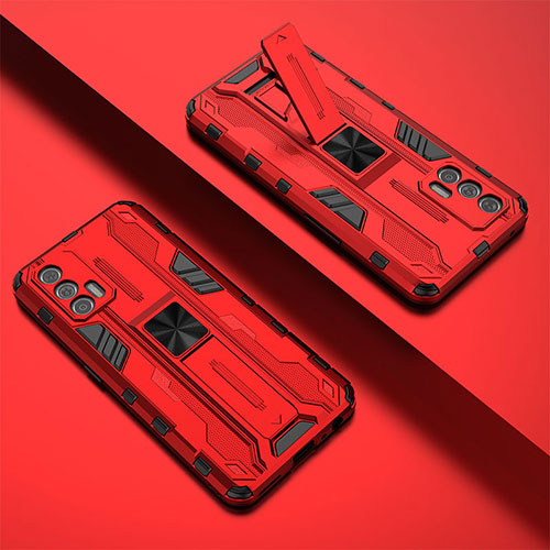 Silicone Matte Finish and Plastic Back Cover Case with Magnetic Stand KC2 for Realme GT 5G Red