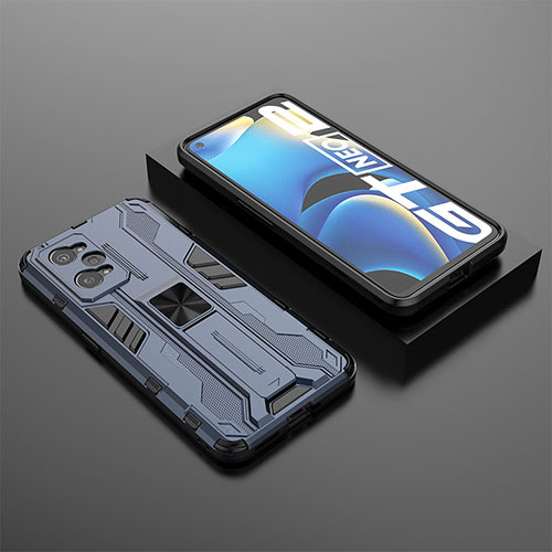 Silicone Matte Finish and Plastic Back Cover Case with Magnetic Stand KC2 for Realme GT2 5G Blue