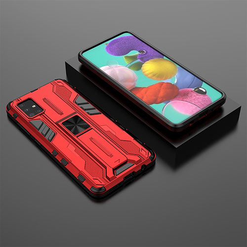 Silicone Matte Finish and Plastic Back Cover Case with Magnetic Stand KC2 for Samsung Galaxy A51 4G Red