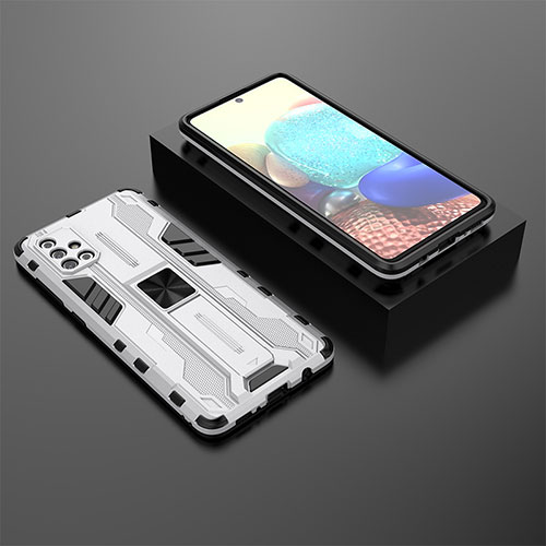 Silicone Matte Finish and Plastic Back Cover Case with Magnetic Stand KC2 for Samsung Galaxy A71 4G A715 White