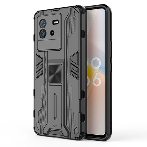 Silicone Matte Finish and Plastic Back Cover Case with Magnetic Stand KC2 for Vivo iQOO Neo6 SE 5G Black