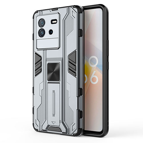 Silicone Matte Finish and Plastic Back Cover Case with Magnetic Stand KC2 for Vivo iQOO Neo6 SE 5G Gray