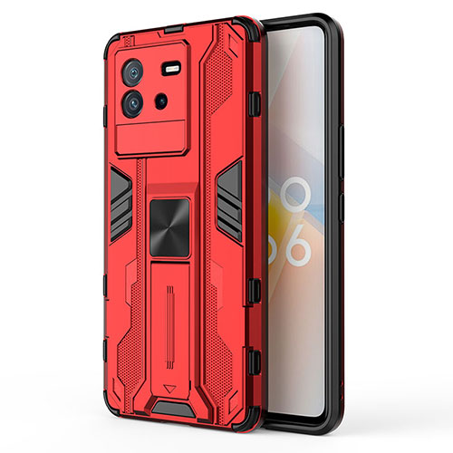 Silicone Matte Finish and Plastic Back Cover Case with Magnetic Stand KC2 for Vivo iQOO Neo6 SE 5G Red