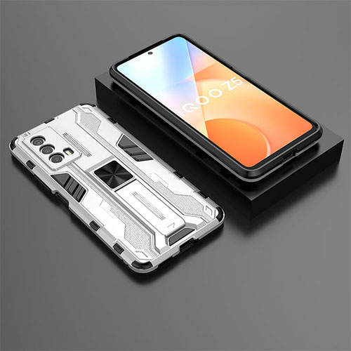 Silicone Matte Finish and Plastic Back Cover Case with Magnetic Stand KC2 for Vivo iQOO Z5 5G White