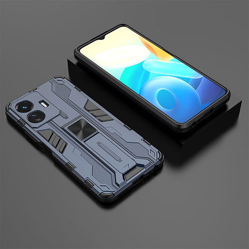 Silicone Matte Finish and Plastic Back Cover Case with Magnetic Stand KC2 for Vivo iQOO Z6 Lite 5G Blue