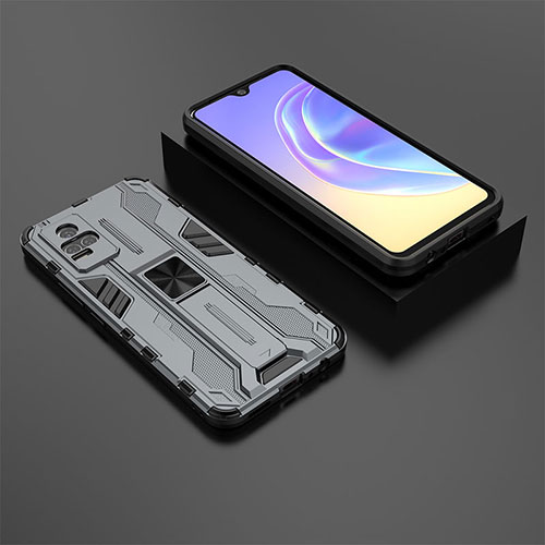 Silicone Matte Finish and Plastic Back Cover Case with Magnetic Stand KC2 for Vivo V21e 4G Gray