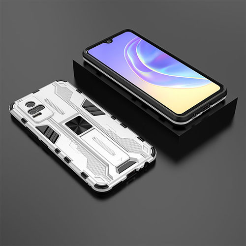 Silicone Matte Finish and Plastic Back Cover Case with Magnetic Stand KC2 for Vivo V21e 4G White