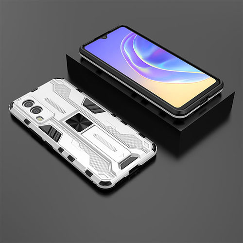 Silicone Matte Finish and Plastic Back Cover Case with Magnetic Stand KC2 for Vivo V21e 5G White