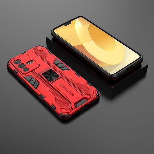 Silicone Matte Finish and Plastic Back Cover Case with Magnetic Stand KC2 for Vivo V23 5G Red