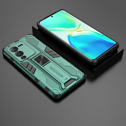 Silicone Matte Finish and Plastic Back Cover Case with Magnetic Stand KC2 for Vivo V25 Pro 5G Green