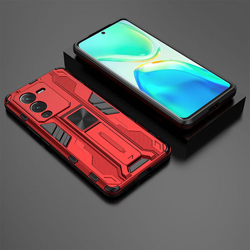 Silicone Matte Finish and Plastic Back Cover Case with Magnetic Stand KC2 for Vivo V25 Pro 5G Red