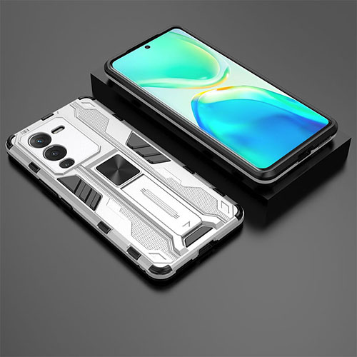 Silicone Matte Finish and Plastic Back Cover Case with Magnetic Stand KC2 for Vivo V25 Pro 5G White