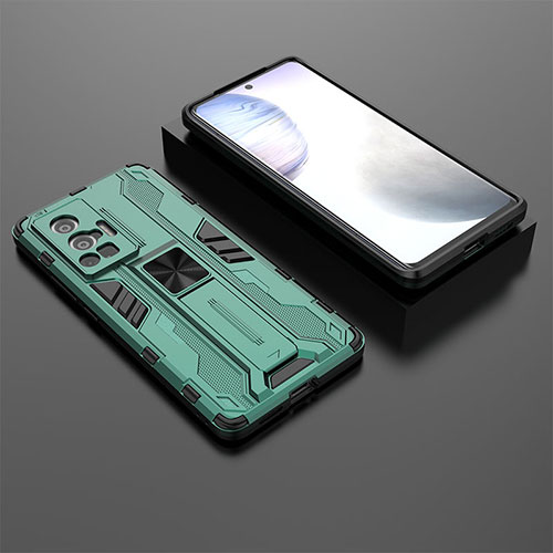 Silicone Matte Finish and Plastic Back Cover Case with Magnetic Stand KC2 for Vivo X70 Pro 5G Green