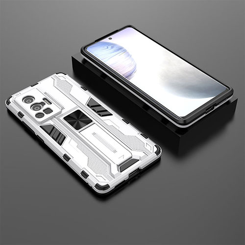 Silicone Matte Finish and Plastic Back Cover Case with Magnetic Stand KC2 for Vivo X70 Pro 5G White