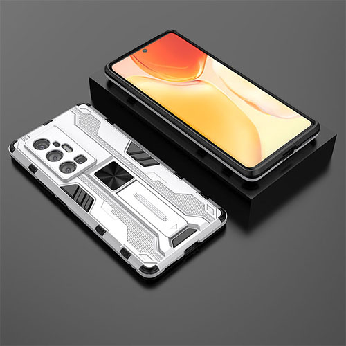 Silicone Matte Finish and Plastic Back Cover Case with Magnetic Stand KC2 for Vivo X70 Pro+ Plus 5G White