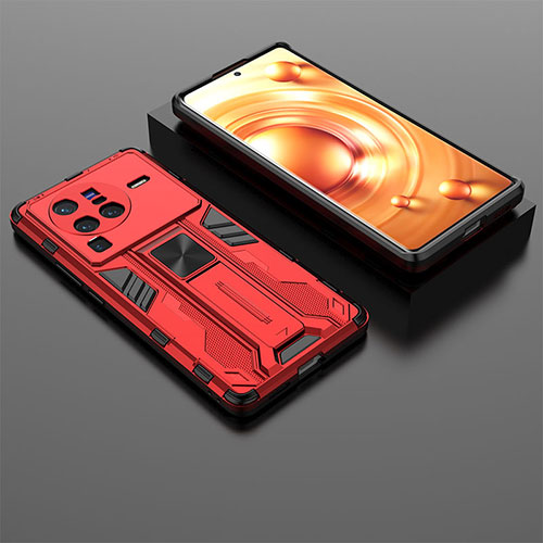 Silicone Matte Finish and Plastic Back Cover Case with Magnetic Stand KC2 for Vivo X80 Pro 5G Red