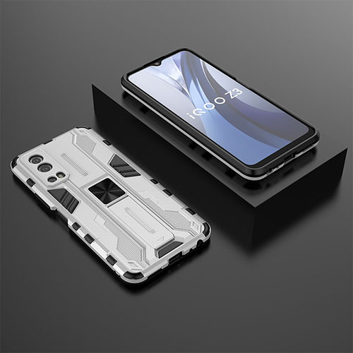 Silicone Matte Finish and Plastic Back Cover Case with Magnetic Stand KC2 for Vivo Y52 5G White