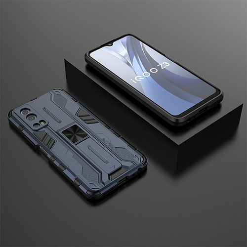 Silicone Matte Finish and Plastic Back Cover Case with Magnetic Stand KC2 for Vivo Y75s 5G Blue