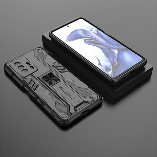 Silicone Matte Finish and Plastic Back Cover Case with Magnetic Stand KC2 for Xiaomi Mi 11T 5G Black