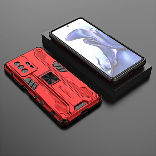 Silicone Matte Finish and Plastic Back Cover Case with Magnetic Stand KC2 for Xiaomi Mi 11T 5G Red