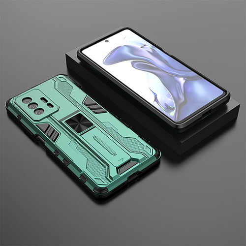 Silicone Matte Finish and Plastic Back Cover Case with Magnetic Stand KC2 for Xiaomi Mi 11T Pro 5G Green