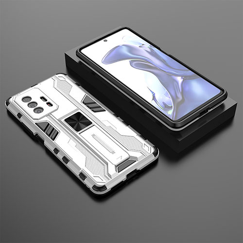 Silicone Matte Finish and Plastic Back Cover Case with Magnetic Stand KC2 for Xiaomi Mi 11T Pro 5G White