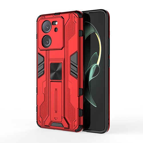 Silicone Matte Finish and Plastic Back Cover Case with Magnetic Stand KC2 for Xiaomi Mi 13T Pro 5G Red