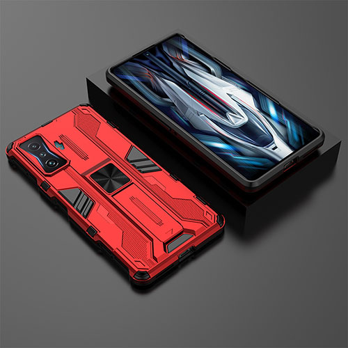 Silicone Matte Finish and Plastic Back Cover Case with Magnetic Stand KC2 for Xiaomi Poco F4 GT 5G Red